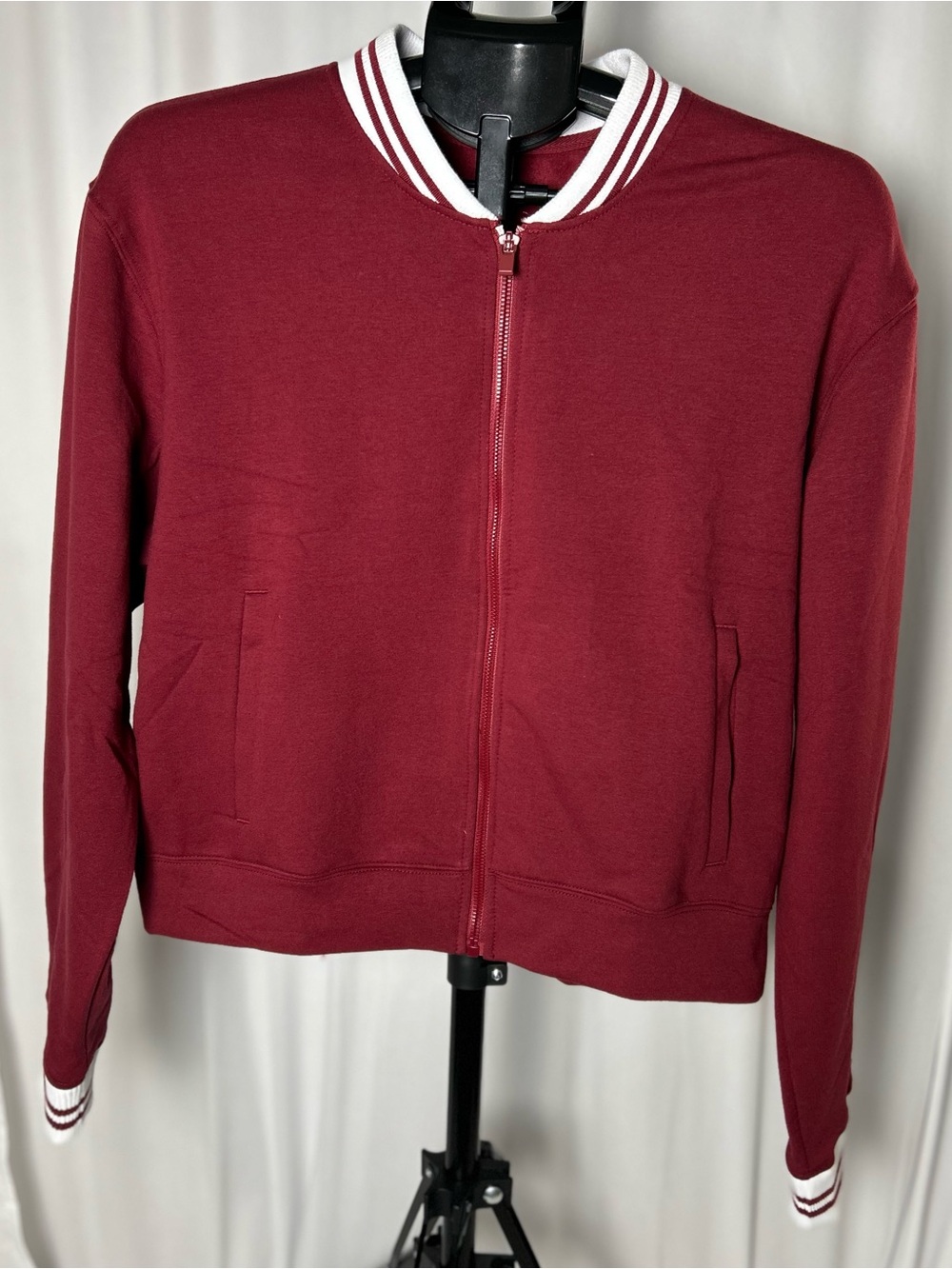 Yogalicious Burgundy Zip-Up Bomber Jacket with White Striped Trim